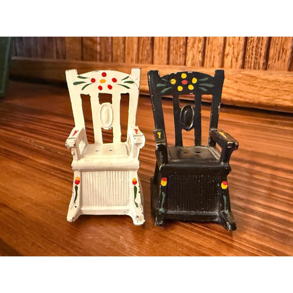 Vintage Cast Iron Chair Salt Pepper Shakers Black White Folk Art Pair